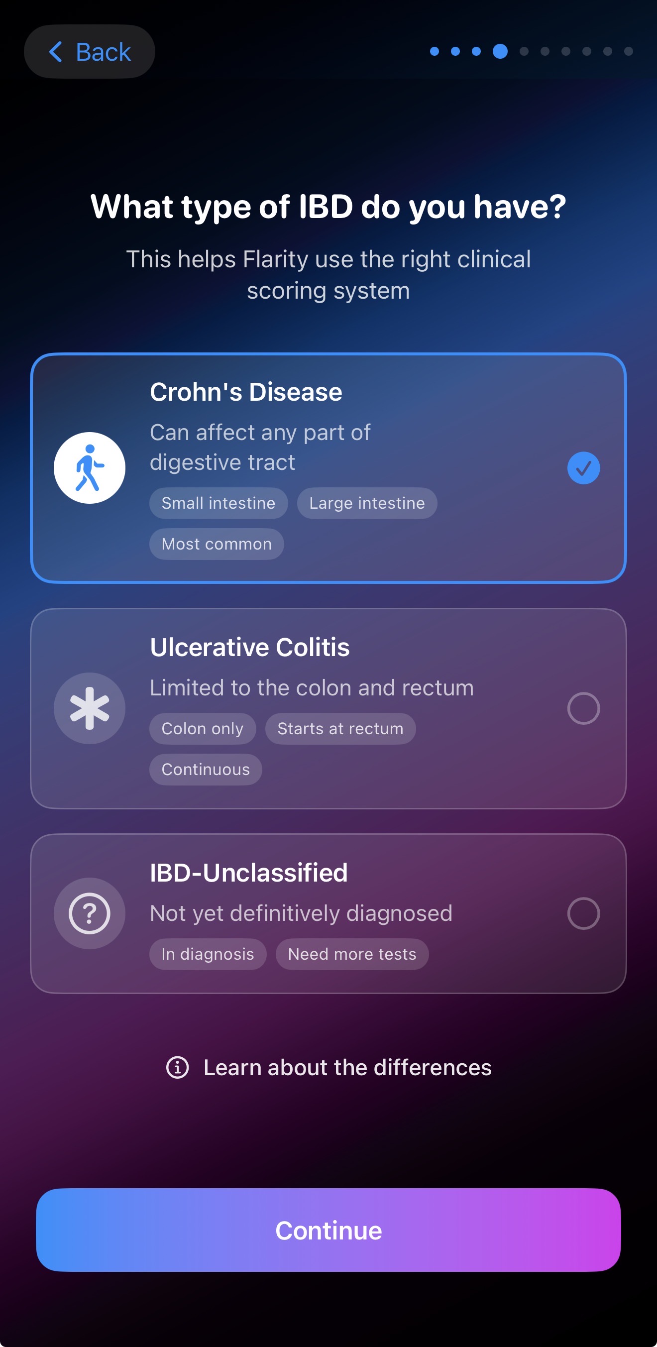 Flarity app screen to select Crohn's disease or ulcerative colitis