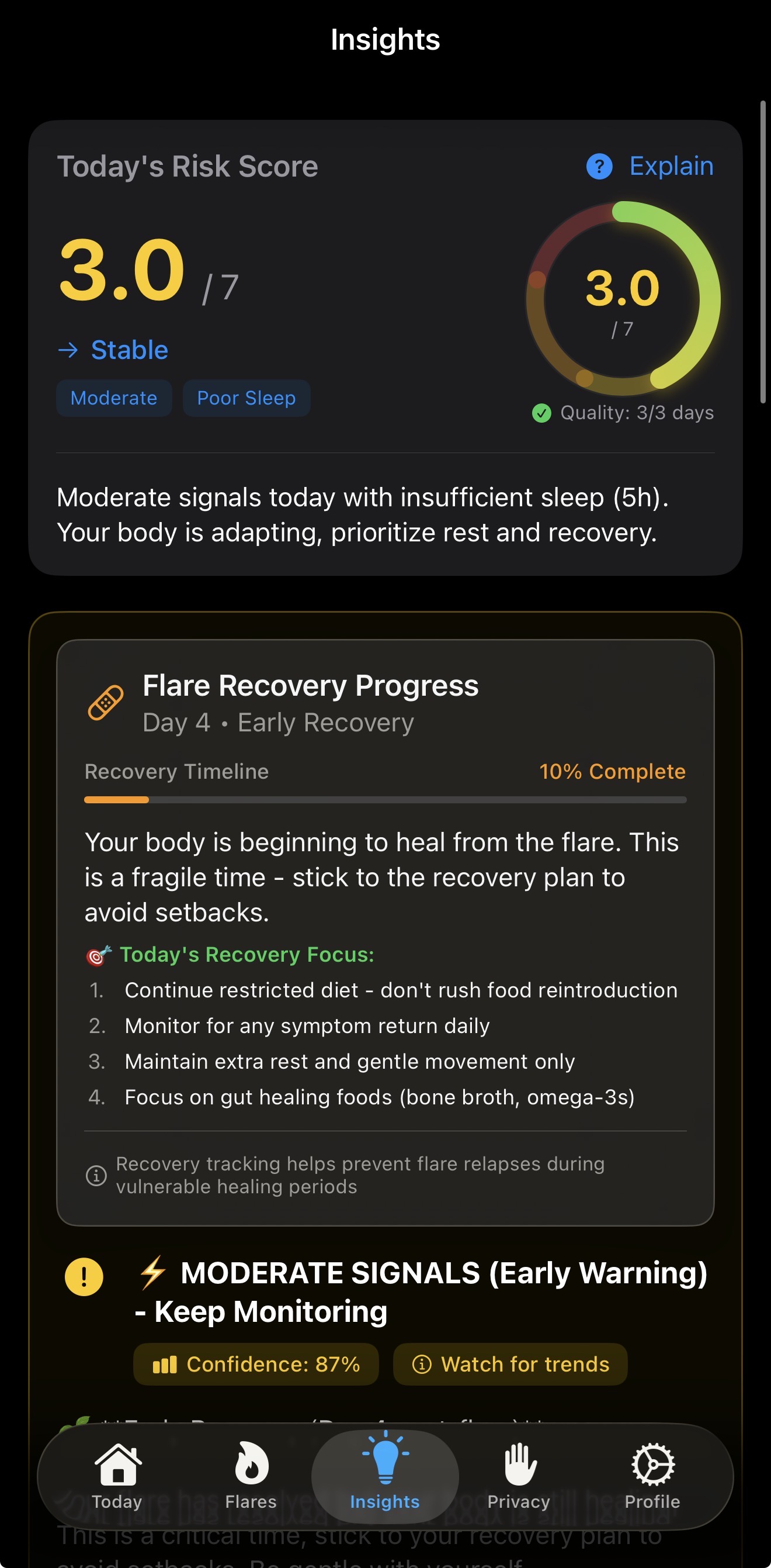Flarity app dashboard showing IBD flare risk score and health insights