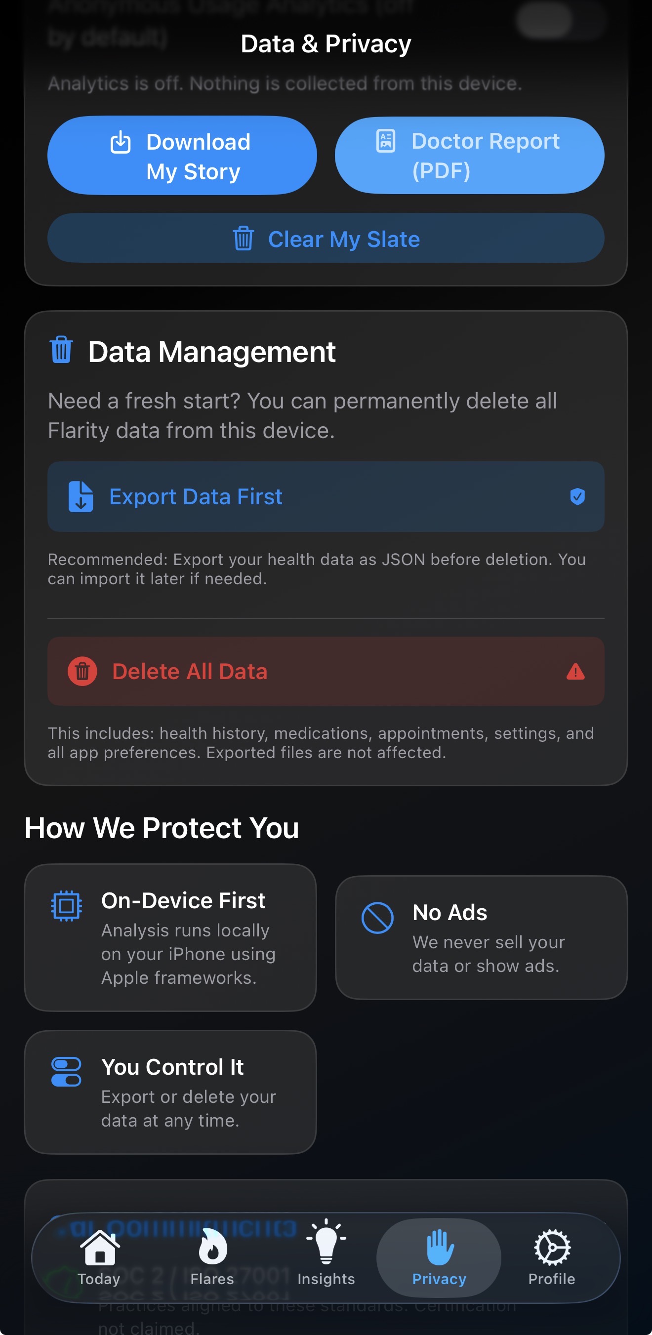 Flarity privacy controls showing on-device data processing