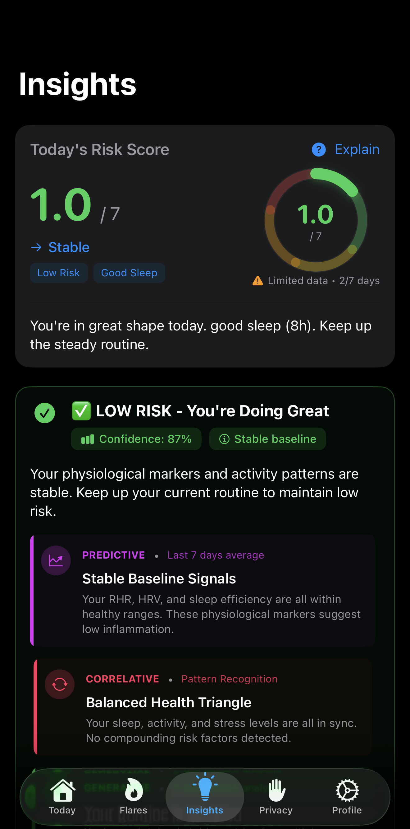 Flarity app interface showing today's risk assessment